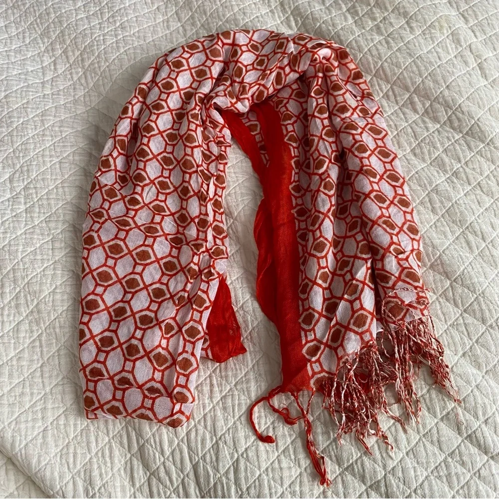 Boho Fringe Scarf Orange White Brown Geometric Rectangular Gauzy Patterned